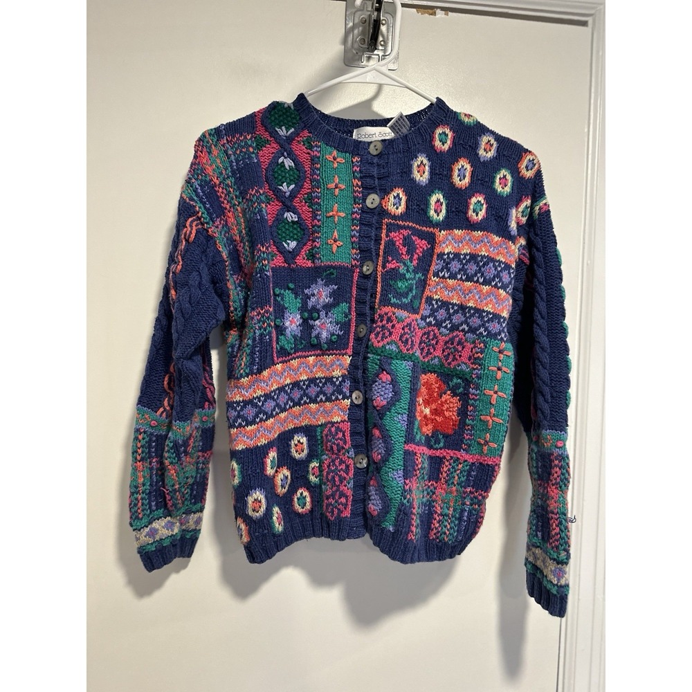 Robert Scott Boho Hand Knit Cardigan Sz:M Multicolor Patchwork Floral Linen
